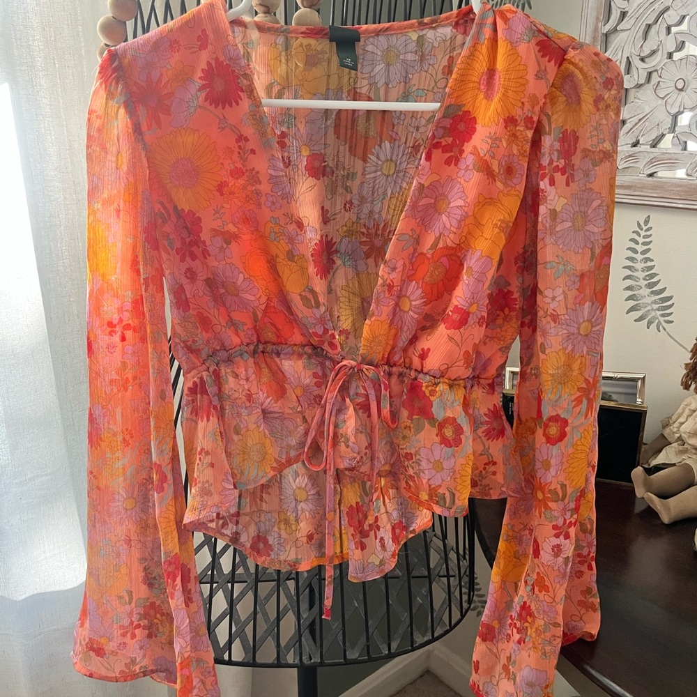 Floral V-Neck Blouse - Orange and Pink